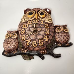 Vtg 1970's 1980's Owl Family Ceramic Wall Clock Working